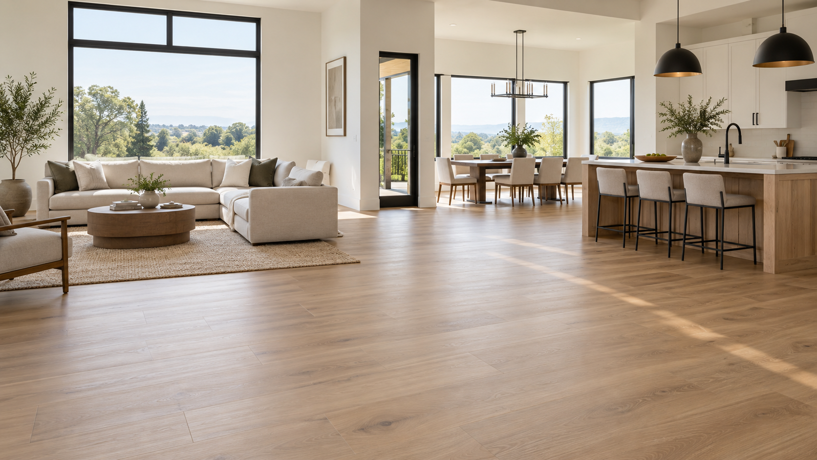 Contemporary open-plan living room and kitchen with warm oak-look plank flooring